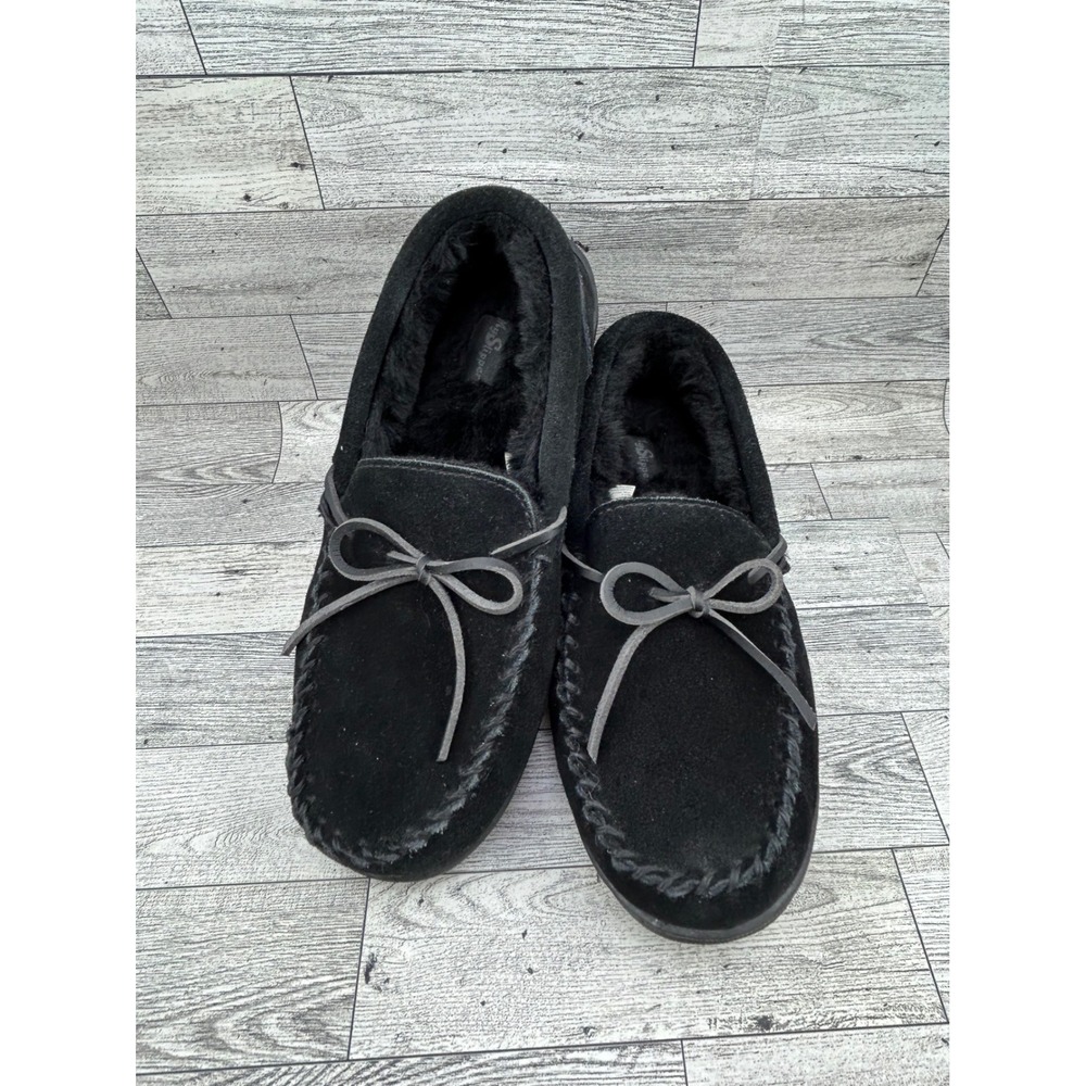 MyPillow MySlippers Women Sz 9 Black Leather Moccasin‎ Loafer Faux Fur 74017-03